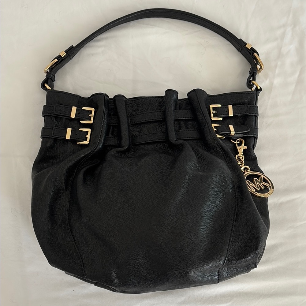 Michael Kors Black and Gold Hobo Bag with Ruched Design
